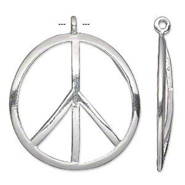 Focal, silver-plated pewter (tin-based alloy), 32mm single-sided domed round peace sign. Sold individually. image number 0