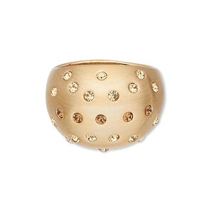 Ring, Czech glass rhinestone and gold-finished "pewter" (zinc-based alloy), topaz and yellow,18mm wide brushed domed band, size 9. Sold individually.