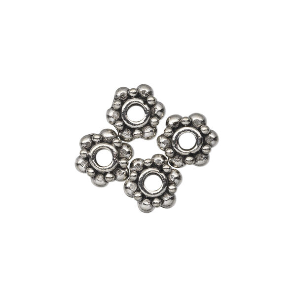 Bead, antiqued pewter (tin-based alloy), 8x4.5mm beaded rondelle, 2.5mm hole. Sold per pkg of 4. image number 0