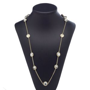 Necklace, acrylic / gold-finished brass / steel / "pewter" (zinc-based alloy), clear, flat round, 39 inches with 3-inch extender chain and lobster claw clasp. Sold individually.