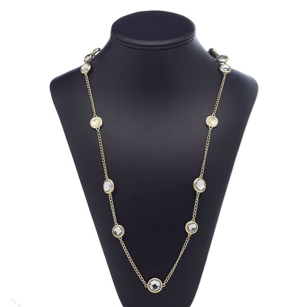 Necklace, acrylic / gold-finished brass / steel / "pewter" (zinc-based alloy), clear, flat round, 39 inches with 3-inch extender chain and lobster claw clasp. Sold individually. image number 0
