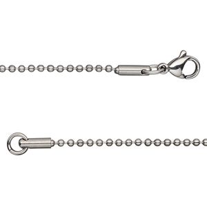 Chain, stainless steel, 1.5mm ball, 18 inches with lobster claw clasp. Sold individually.