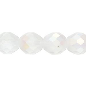 Bead, Czech fire-polished glass, pkg/15-1/2 to 16 inches, 12mm faceted round, translucent matte opal AB, (00030-28771).