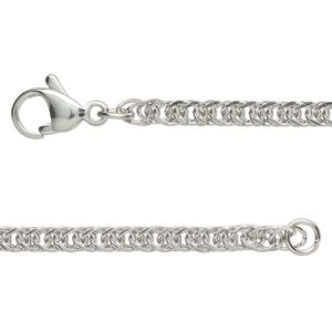 Chain, stainless steel, 3mm double curb, 24 inches with lobster claw clasp. Sold individually.