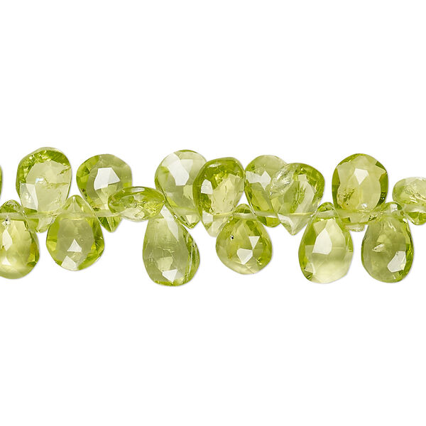 Bead, peridot (natural), 7x5mm-10x6mm hand-cut top-drilled faceted puffed teardrop with 0.4-1.4mm hole, B- grade, Mohs hardness 6-1/2 to 7. Sold per 8-inch strand. image number 0