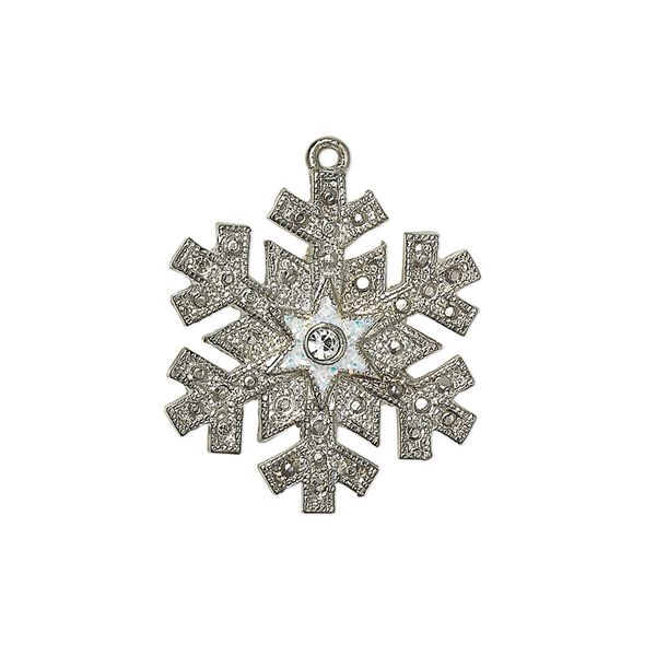 Charm, silver-plated "pewter" (zinc-based alloy) / enamel / glitter / crystals, white and crystal clear, 23.5x21mm single-sided snowflake. Sold individually. image number 0