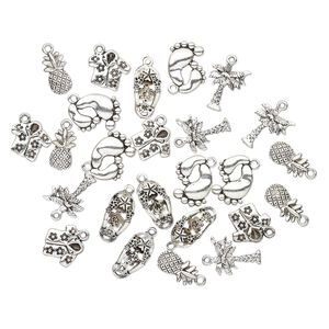 Charm, antique silver-plated "pewter" (zinc-based alloy), 16x9mm-20x10mm single- and double-sided assorted tropical theme. Sold per pkg of 25.