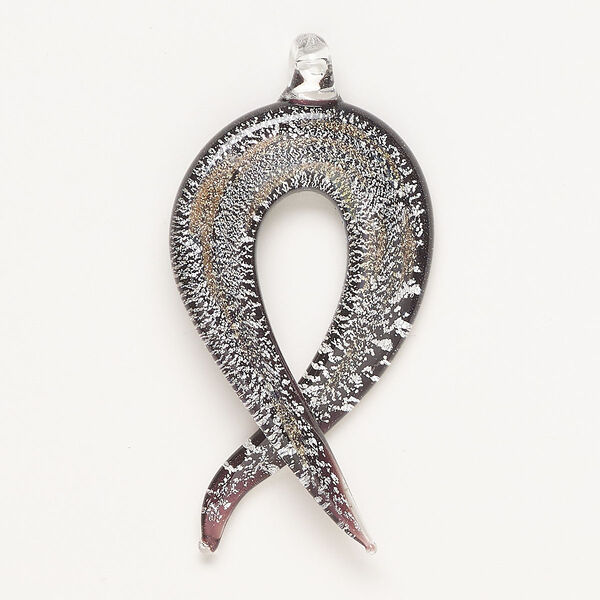 Pendant, lampworked glass, opaque black with copper-colored glitter and silver-colored foil, 56x28mm ribbon. Sold individually. image number 0