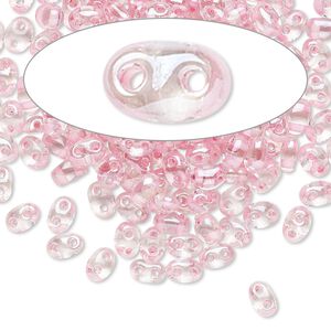 Seed bead, Preciosa Twin™ Czech glass, pkg/10g, 5x2.5mm oval, transparent pink terra color-lined clear, (38694).