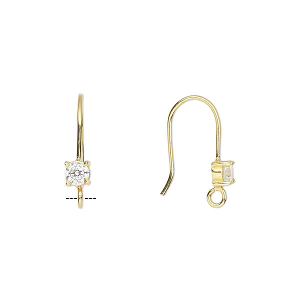 Ear wire, gold-finished sterling silver and cubic zirconia, clear, 16.5mm fishhook with 3.5mm faceted round and open loop, 21 gauge. Sold per pair. image number 0
