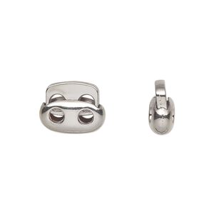 Cord lock, imitation rhodium-plated plated "pewter" (zinc-based alloy) and steel, 13.5x11mm flat oval with (2) holes. Sold per pkg of 6.
