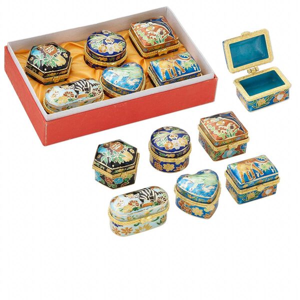 Box, cloisonné, enamel and gold-finished brass, multicolored, 1-1/2 x 1-1/4 to 2-1/4 x 1-1/4 x 1-inch assorted shape with animal design. Sold per 6-piece set. image number 0