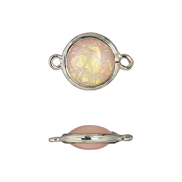 Link, Opalized Ice™, "opal" (resin) and imitation rhodium-finished brass, opaque light pink, 14mm double-sided round. Sold per pkg of 4. image number 0