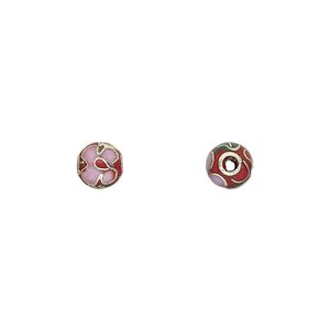 Bead, cloisonn&eacute;, enamel and gold-finished copper, purple / green / red, 6mm round with flower design. Sold per pkg of 10.