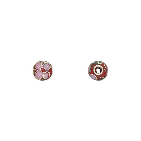 Bead, cloisonn&eacute;, enamel and gold-finished copper, purple / green / red, 6mm round with flower design. Sold per pkg of 10. image number 0