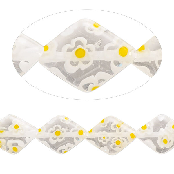 Bead, millefiori glass, translucent clear / white / yellow, 13x10mm puffed diamond with 0.6-0.8mm hole. Sold per 15-inch strand. image number 0