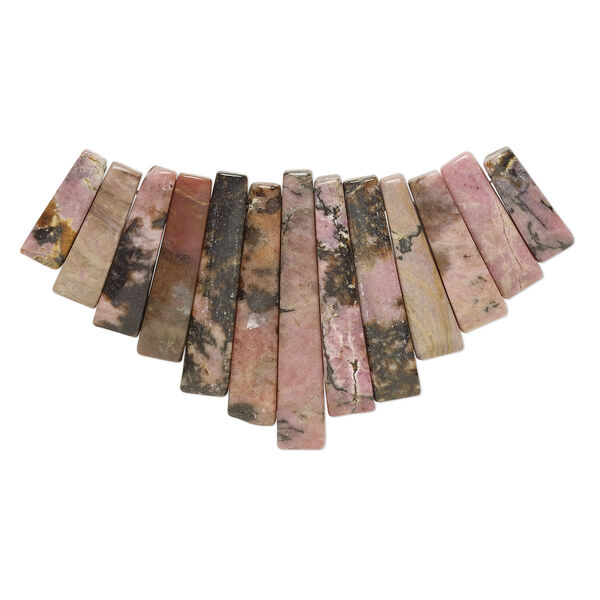 Focal, rhodonite (natural), 26x10mm-29x12mm fan with matrix, C grade, Mohs hardness 5-1/2 to 6-1/2. Sold per 13-piece set. image number 0
