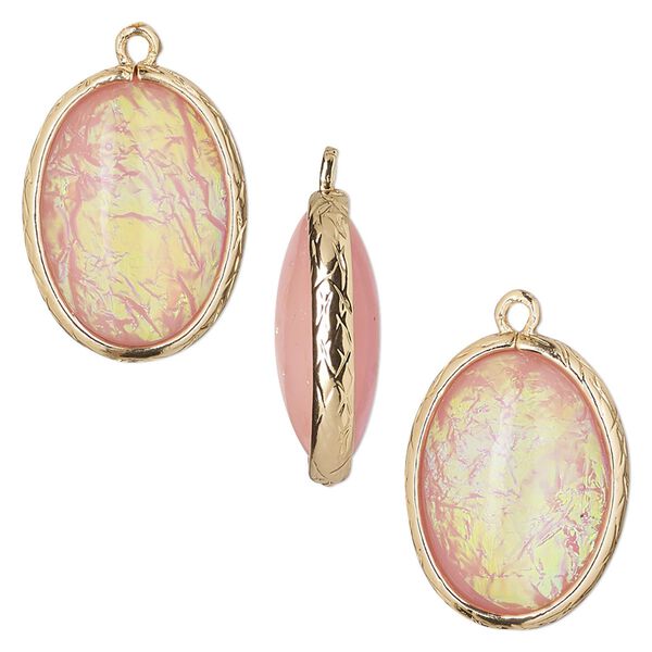 Drop, Opalized Ice™, "opal" (resin) and gold-finished brass, light pink, 20x15mm double-sided oval. Sold per pkg of 4. image number 0