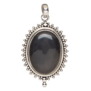Pendant, black onyx (dyed) and antiqued sterling silver, 43x31mm beaded oval. Sold individually.