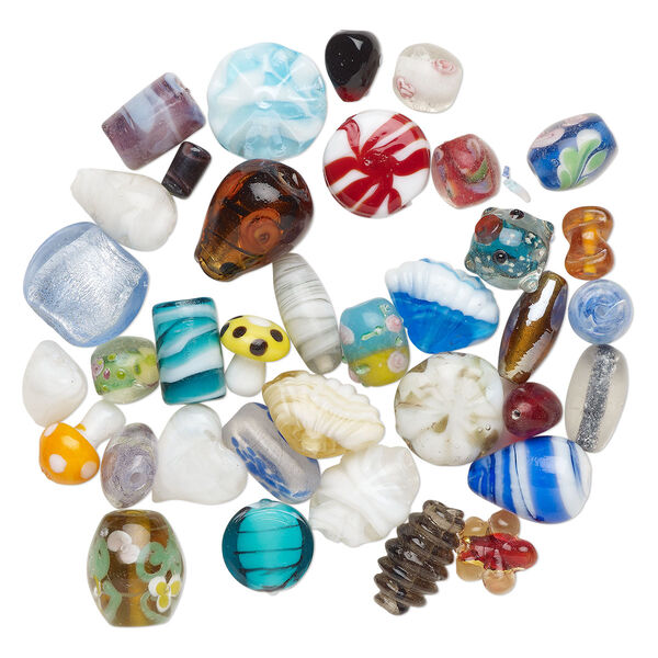 Bead mix, lampworked glass, pkg/4 ounces, opaque to transparent mixed colors with silver-colored foil and copper-colored glitter, 7x6mm-31x24mm mixed shapes. image number 0
