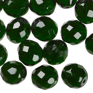 Bead, Czech fire-polished glass 1pkg30, 12mm faceted round, transparent emerald green, (50140).