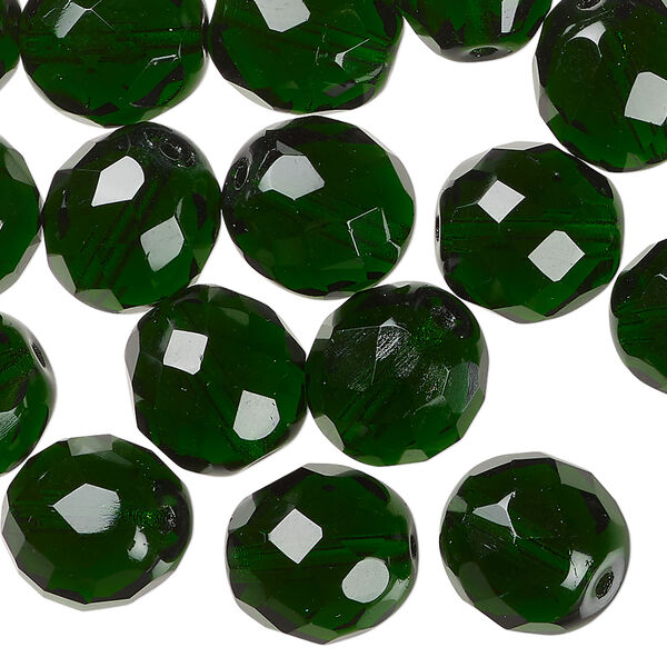 Bead, Czech fire-polished glass 1pkg30, 12mm faceted round, transparent emerald green, (50140). image number 0