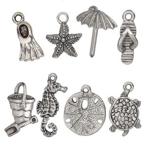 Charm set, antiqued pewter (tin-based alloy), 16.5x5.5mm-25x17mm sand and sea theme. Sold per 8-piece set.