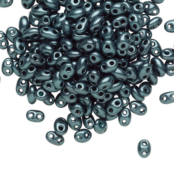 Seed bead, Preciosa Twin™ Czech glass, pkg/10g, 5x2.5mm oval, opaque emerald terra pearl black, (28958). image number 0