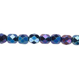 Bead, Czech fire-polished glass, opaque iris blue, 6mm faceted round. Sold per 15-1/2" to 16" strand.