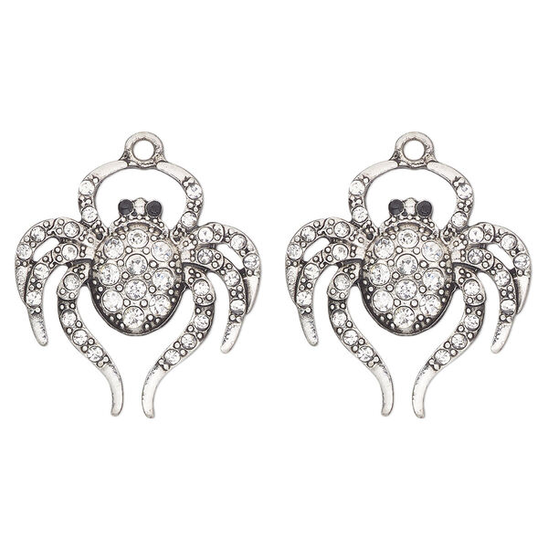 Charm, antique silver-finished "pewter" (zinc-based alloy), enamel and glass, clear and black, 28x27mm single-sided spider. Sold per pkg of 2. image number 0