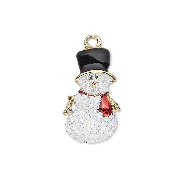 Charm, enamel and gold-finished "pewter" (zinc-based alloy), white / black / red with glitter, 23x14mm single-sided snowman. Sold individually. image number 0