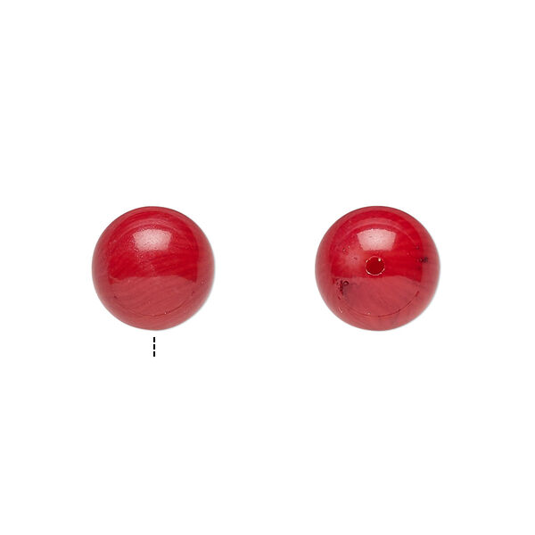 Bead, bamboo coral (dyed), red, 9.5-10.5mm half-drilled round, Mohs hardness 3-1/2 to 4. Sold per pkg of 2. image number 0
