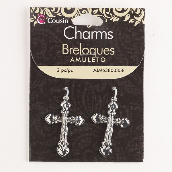 Focal, brass, pkg/2, 34x24mm crucifix, silver finish. image number 0