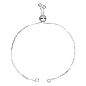 Bracelet component, sterling silver and silicone, clear, 1mm box chain, 8-1/2 inches with 8mm adjustable slider bead and (2) 4mm rounds, 2 open loops. Sold individually.