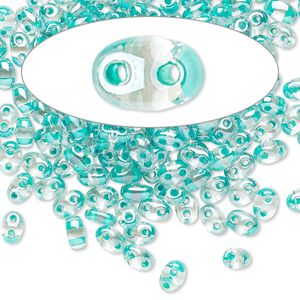 Seed bead, Preciosa Twin™ Czech glass, pkg/10g, 5x2.5mm oval, transparent green terra color-lined clear, (38658).
