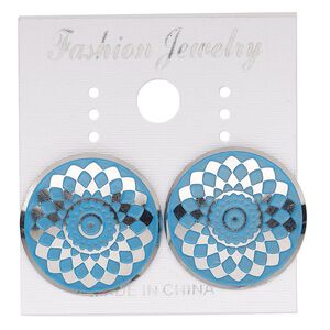 Earstud, stainless steel, blue patina, 20mm round with diamond pattern. Sold per pair.