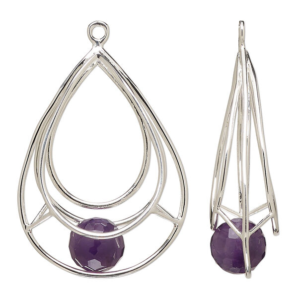 Focal, sterling silver and amethyst (natural), 32x25mm open teardrop with 9mm hand-cut faceted round, B grade, Mohs hardness 7. Sold individually. image number 0