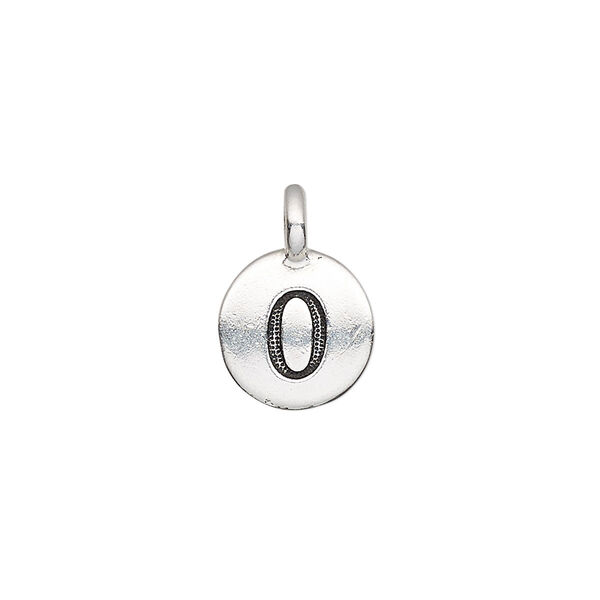 Drop, TierraCast®, antique silver-plated pewter (tin-based alloy), 11.5mm single-sided round with textured number "0." Sold per pkg of 2. image number 0