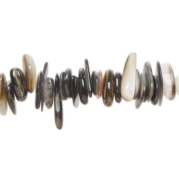 Bead 1pkg1, gold lip shell / black lip shell / mother-of-pearl shell (natural / bleached), small to large chip, 15 inches. image number 0