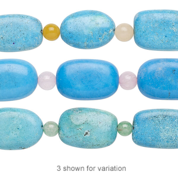 Bead mix, "turquoise" (imitation) resin and multi-gemstone (natural / dyed), multicolored, 5-6mm round / 18x13mm-21x15mm puffed oval / 19x12mm-22x16mm rounded rectangle. Sold per pkg of 7. image number 0