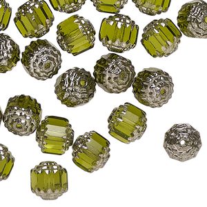 Czech pressed glass 1pkg50, cathedral bead olive green / metallic silver 8mm