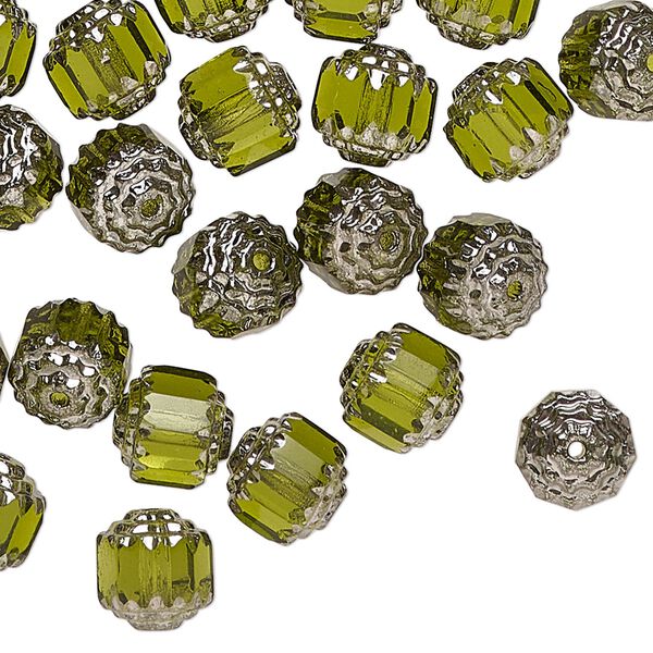 Czech pressed glass 1pkg50, cathedral bead olive green / metallic silver 8mm image number 0