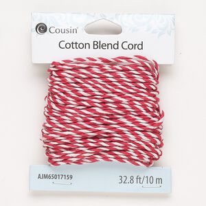 Cord, cotton, red and white, 1.5mm twisted. Sold per 10-meter pkg.
