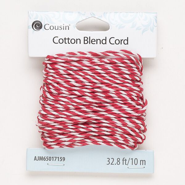 Cord, cotton, red and white, 1.5mm twisted. Sold per 10-meter pkg. image number 0