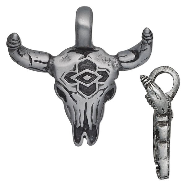 Pendant, "pewter" (zinc-based alloy), 41x41mm bull skull. Sold individually. image number 0