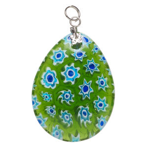 Focal, millefiori glass and silver-finished steel 1pkg1, translucent green / white / cobalt blue, 39x30mm-40x31mm puffed teardrop.