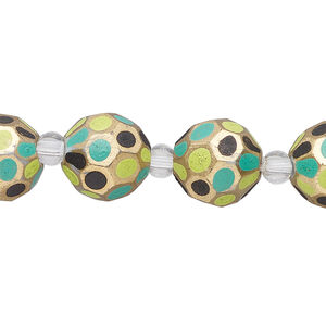 Bead, glass 1pkg4, lime green / black / gold, 12mm hand-painted faceted round.