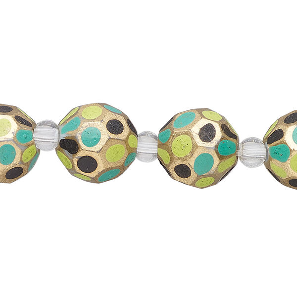 Bead, glass 1pkg4, lime green / black / gold, 12mm hand-painted faceted round. image number 0