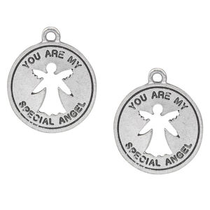 Charm, antiqued pewter (tin-based alloy), 19mm single-sided flat round with angel cutout and "You are my special angel." Sold per pkg of 2.