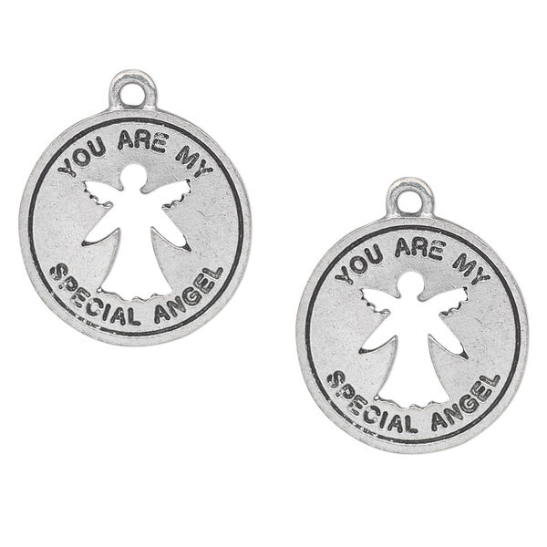 Charm, antiqued pewter (tin-based alloy), 19mm single-sided flat round with angel cutout and "You are my special angel." Sold per pkg of 2. image number 0